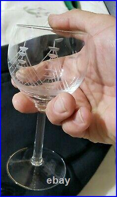 Vtg 14 Crystal Glass Decanter Etched Clipper Ship Designs and set of 4 goblets