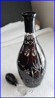 Vtg 17 Czech Crystal Wine Decanter Ruby Red Cut to Clear Bohemian with Stopper