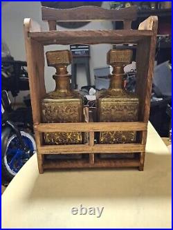 Vtg 2-Bottle Locking Liquor Amber Glass Decanter Set Retro Bar Wood Rack Taiwan