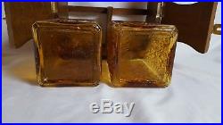 Vtg 2-Bottle Locking Liquor Amber Glass Decanter Set Retro Bar c1950s Wood Rack