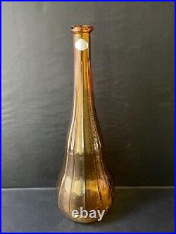 Vtg 22 Italian Amber Glass Ribbed Genie Bottle Decanter with Ribbed Flame Stopper