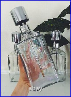 Vtg Abercrombie and Fitch Etched Glass Liquor Decanter Set Silver Lucite Pump