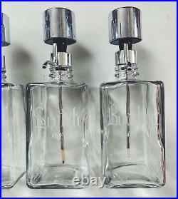Vtg Abercrombie and Fitch Etched Glass Liquor Decanter Set Silver Lucite Pump