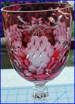 Vtg. Ajka Magdas Pride Etched Crystal Wine Stem/glass Lotcranberry And Amythest