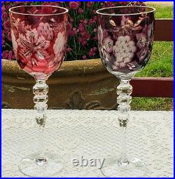 Vtg. Ajka Magdas Pride Etched Crystal Wine Stem/glass Lotcranberry And Amythest