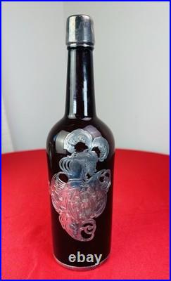 Vtg Amber Wine Whiskey Bottle Sterling Silver Overlay Heraldic Crest Decanter