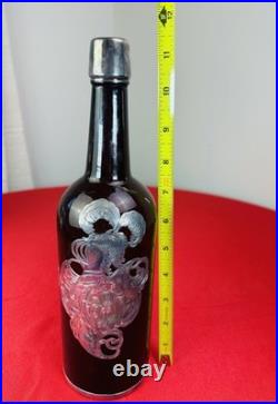 Vtg Amber Wine Whiskey Bottle Sterling Silver Overlay Heraldic Crest Decanter