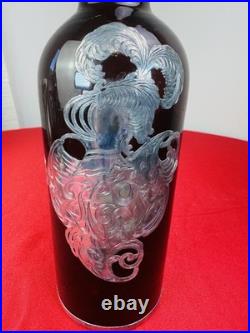 Vtg Amber Wine Whiskey Bottle Sterling Silver Overlay Heraldic Crest Decanter