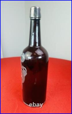 Vtg Amber Wine Whiskey Bottle Sterling Silver Overlay Heraldic Crest Decanter