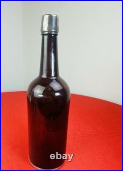 Vtg Amber Wine Whiskey Bottle Sterling Silver Overlay Heraldic Crest Decanter