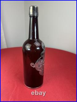 Vtg Amber Wine Whiskey Bottle Sterling Silver Overlay Heraldic Crest Decanter
