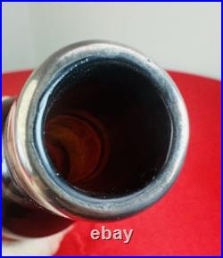 Vtg Amber Wine Whiskey Bottle Sterling Silver Overlay Heraldic Crest Decanter