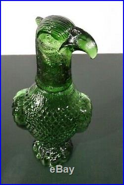 Vtg American Eagle Green Glass Decanter Bottle withShot Glass Head Empty 10 3/4 H