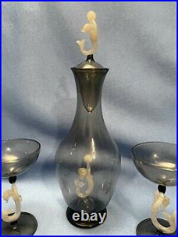Vtg Art Deco Bimini Glass Franz Lampl Decanter & 6 Cordial Goblets Mermaid Stem