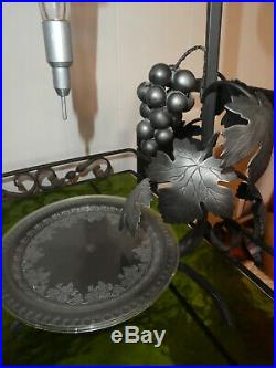 Vtg Austria Etched Glass Wine Aerator Dispenser Wrought Iron/ Metal Stand, 6 Etc