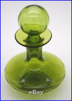 Vtg Blenko Decanter Blown Glass Ball Stopper Mid-century Green Pontil