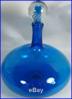 Vtg Blenko Hand Blown Glass Bottle Liquor Decanter Blue Air Twist Myers 6716