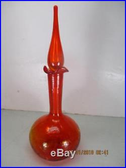 Vtg Blenko Orange Crackle Glass Decanter With Flame Stopper 14 Tall