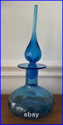 Vtg Blue Hand Blown Rainbow Glass Mid Century Decanter Genie Bottle Art Glass