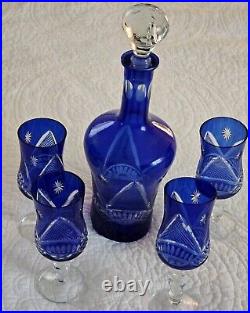 Vtg Bohemian Cobalt Blue Hand Cut Clear Crystal Glass Decanter &Wine Glasses Set