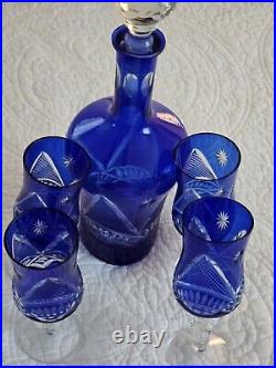 Vtg Bohemian Cobalt Blue Hand Cut Clear Crystal Glass Decanter &Wine Glasses Set