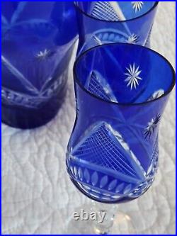 Vtg Bohemian Cobalt Blue Hand Cut Clear Crystal Glass Decanter &Wine Glasses Set