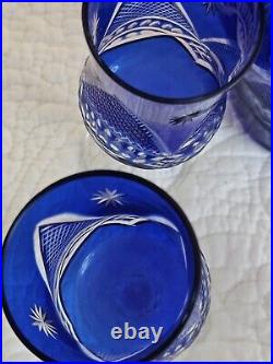 Vtg Bohemian Cobalt Blue Hand Cut Clear Crystal Glass Decanter &Wine Glasses Set