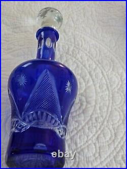 Vtg Bohemian Cobalt Blue Hand Cut Clear Crystal Glass Decanter &Wine Glasses Set