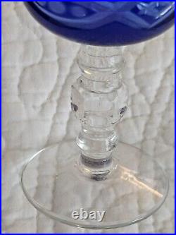 Vtg Bohemian Cobalt Blue Hand Cut Clear Crystal Glass Decanter &Wine Glasses Set