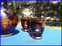 Vtg Bohemian Czech Amber Cut To Clear 7 Piece Decanter Set Stag Deer Tree