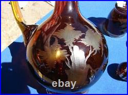 Vtg Bohemian Czech Amber Cut To Clear 7 Piece Decanter Set Stag Deer Tree