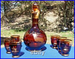 Vtg Bohemian Czech Amber Cut To Clear Crystal 7 Piece Decanter Set Deer Elk Tree