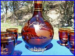 Vtg Bohemian Czech Amber Cut To Clear Crystal 7 Piece Decanter Set Deer Elk Tree