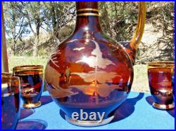 Vtg Bohemian Czech Amber Cut To Clear Crystal 7 Piece Decanter Set Deer Elk Tree