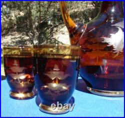 Vtg Bohemian Czech Amber Cut To Clear Crystal 7 Piece Decanter Set Deer Elk Tree