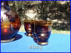 Vtg Bohemian Czech Amber Cut To Clear Crystal 7 Piece Decanter Set Deer Elk Tree