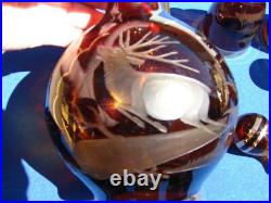 Vtg Bohemian Czech Amber Cut To Clear Crystal 7 Piece Decanter Set Deer Elk Tree