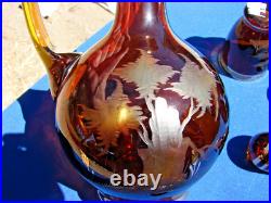 Vtg Bohemian Czech Amber Cut To Clear Crystal 7 Piece Decanter Set Deer Elk Tree