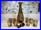 Vtg-Bohemian-Czech-Amber-Glass-Decanter-8-Glasses-22K-Gold-Gilt-Painted-Set-MCM-01-pcxm