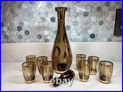 Vtg Bohemian Czech Amber Glass Decanter 8 Glasses 22K Gold Gilt Painted Set-MCM