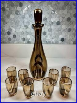 Vtg Bohemian Czech Amber Glass Decanter 8 Glasses 22K Gold Gilt Painted Set-MCM