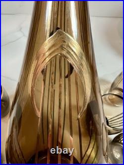 Vtg Bohemian Czech Amber Glass Decanter 8 Glasses 22K Gold Gilt Painted Set-MCM