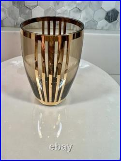 Vtg Bohemian Czech Amber Glass Decanter 8 Glasses 22K Gold Gilt Painted Set-MCM