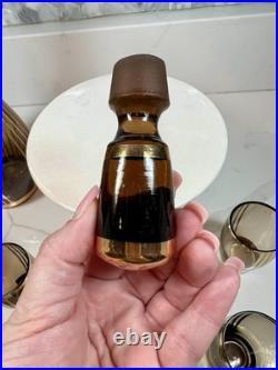 Vtg Bohemian Czech Amber Glass Decanter 8 Glasses 22K Gold Gilt Painted Set-MCM