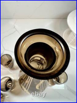 Vtg Bohemian Czech Amber Glass Decanter 8 Glasses 22K Gold Gilt Painted Set-MCM