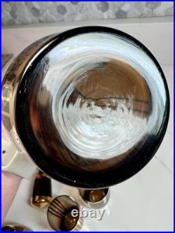 Vtg Bohemian Czech Amber Glass Decanter 8 Glasses 22K Gold Gilt Painted Set-MCM