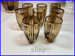 Vtg Bohemian Czech Amber Glass Decanter 8 Glasses 22K Gold Gilt Painted Set-MCM
