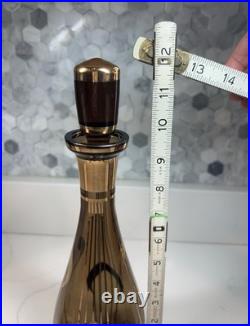 Vtg Bohemian Czech Amber Glass Decanter 8 Glasses 22K Gold Gilt Painted Set-MCM