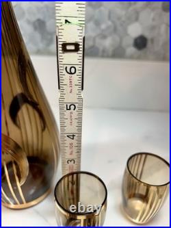 Vtg Bohemian Czech Amber Glass Decanter 8 Glasses 22K Gold Gilt Painted Set-MCM