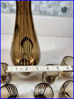 Vtg Bohemian Czech Amber Glass Decanter 8 Glasses 22K Gold Gilt Painted Set-MCM